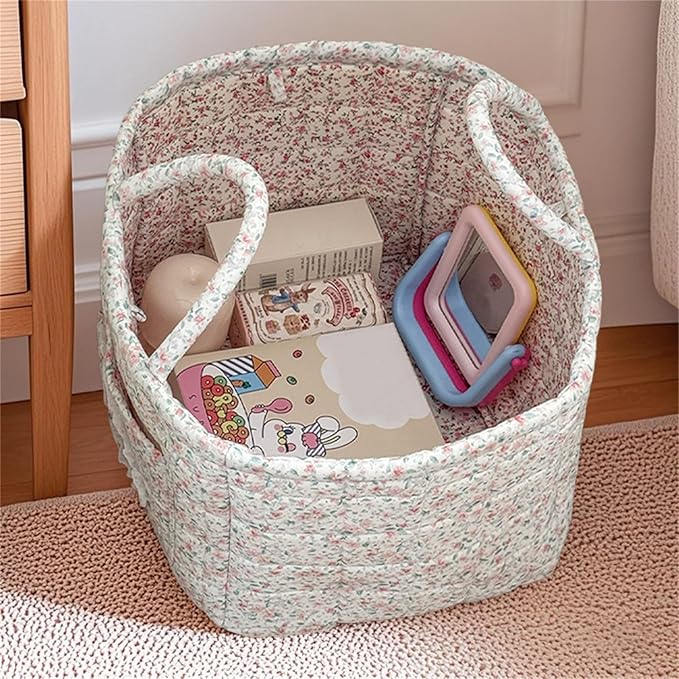 Quilted Fabric Storage Basket with Handles & Pocket, Foldable Laundry Hamper Boho Floral Print Organizer Bin for Home, Picnic, Office 12"x10"x10" (A-1)