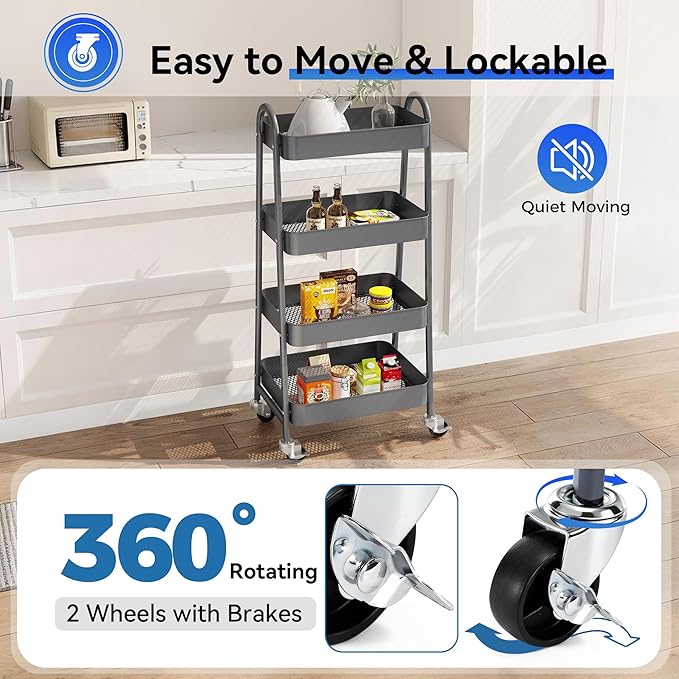 OLIXIS 4 Tier Utility Rolling Cart, Metal Mobile Storage Shelf with Lockable Caster Wheels, Organization for Livingroom, Bathroom & Narrow Places, 4-Tier Gray