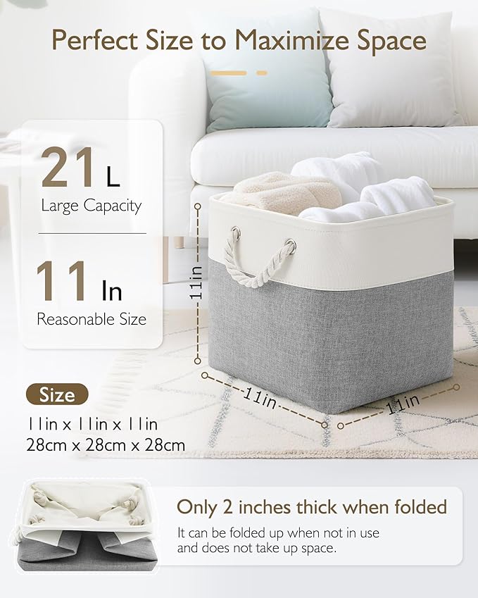 11 Inch Cube Storage Bins, 4 Pack Fabric Storage Cubes with Rope Handles, Organizer Baskets for Closet Shelves, Clothes and Home Organization(White/Gray)
