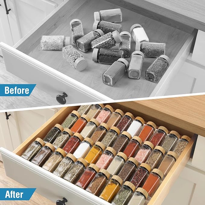 Spice Drawer Organizer 4 Tier, Acrylic Seasoning Organizer Rack, Clear Spice Rack Tray, Kitchen Seasoning Jars Drawers Insert (Jars Not Included/Expandable From 13" to 26")
