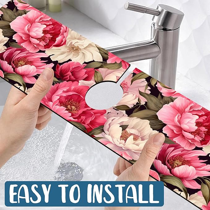 Garden Flowers Kitchen Sink Splash Guard Faucet Mat Watercolor Peonies Super Absorbent Fast Drying Mat Sink Splash Guard Behind Faucet for Kitchen Bathroom, 23.5"x5.5"