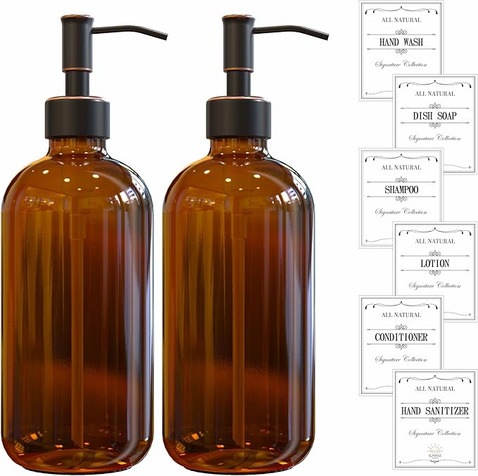 2 Pack Amber Glass Soap Dispenser 16 OZ with Oil Rubbed Bronze Stainless Steel Pump, Hand and Dish Soap Dispenser Set for Bathroom and Kitchen Sink with 6 Waterproof Labels