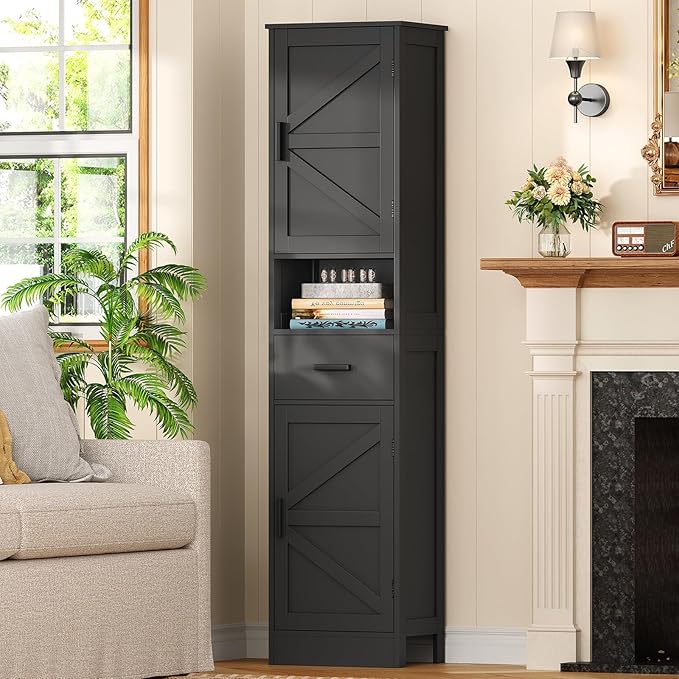 TEENFON Tall Bathroom Storage Cabinet with Barn Doors, Narrow Bathroom Cabinet with Drawer, Narrow Storage Unit, Adjustable Shelves, Floor Cabinets for Living Room, Entryway, Kitchen, Black