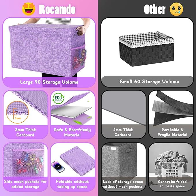 Large Toy Storage Box with Lid Divider, Sturdy Collapsible Toys Organizer Chest Kids Storage Bins Boxes Baskets for Boys, Girls, Nursery, Bedroom, Living Room, Playroom, 25"x13"x16", Purple