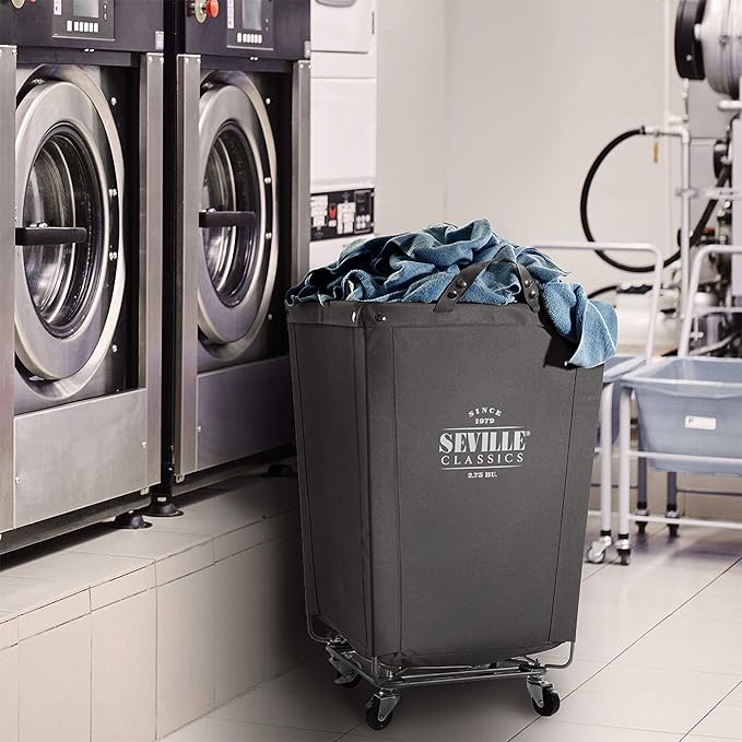 Seville Classics Large Commercial Heavy Duty Rolling Steel Frame Laundry Hamper Canvas Cart Bin, w/ Wheels for Hotel, Home, Closet, Bedroom (PATENTED), Gray, 18.1" D x 18.1" W
