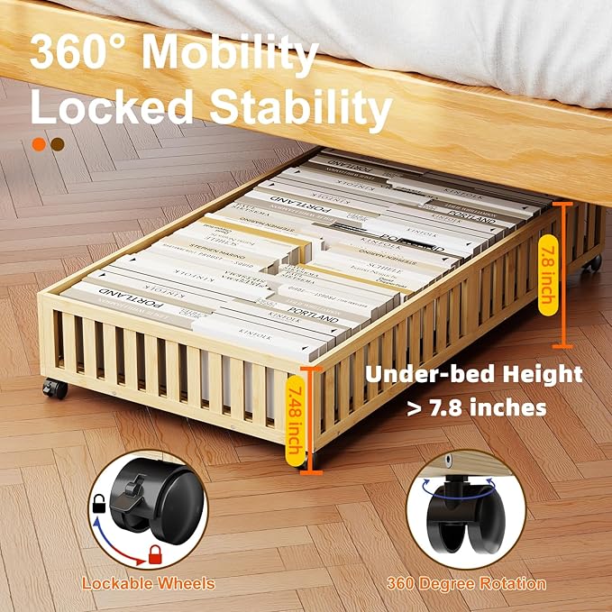 Bamboo Under Bed Storage Containers with Wheels, 40L UnderBed Drawers with Dust Bag, Breathable Under Bed Shoe Storage, Rolling UnderBed Clothes Storage, 1Pack