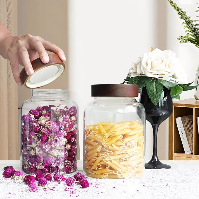 Patoper Glass Coffee Jars Spice Jar Round Storage Canister with Wooden Lid Clear Glass Food Jar for Pantry Sugar Tea Coffee Bean Spice Nuts Cookies Bath Salts (1800ml/60oz-2PACK（with spoon)