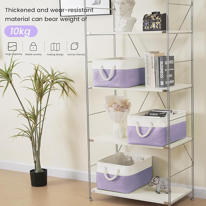 Large Storage Baskets- 15.7x11.8x8.26 inch Storage Bins for Shelves and Closet Organizing, Foldable Fabric Bin for Home Organization Clothes and Laundry (3-Pack, White&Purple)