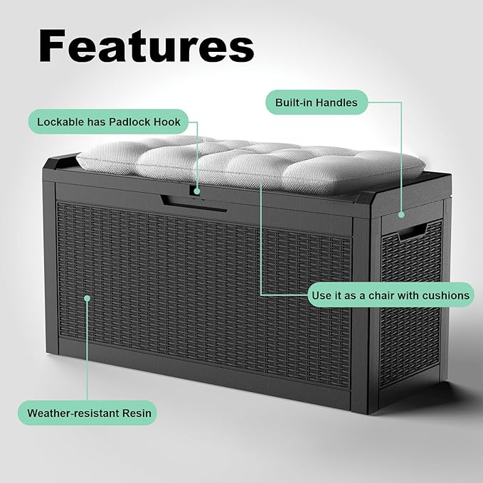 60 GallonOutdoor Storage Box,Resin Deck Boxes Waterproof, IndoorOutdoor Bin for Package Delivery, Patio Cushions, Gardening Tools, Lockable, UV Resistant