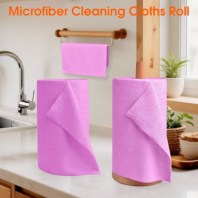 CHAUNCEY HOME Microfiber Cleaning Cloth Roll - 100 Pack Tear Away Microfiber Paper Towels, Reusable, Washable, Scratch-Free, Kitchen Towels for Car, Home, Kitchen, Glass, Dishes (Light Purple)