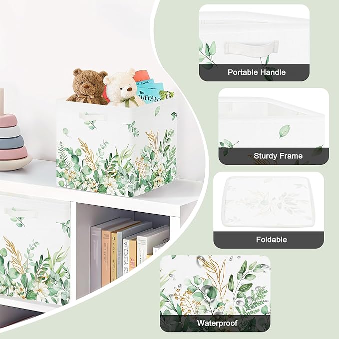 Clastyle 3 pcs Leaf Women Cube Storage Unit Boxes Foldable Kallax Box for Shelves Ladies Girls Storage Baskets for Book Clothes Toy Organizer, Green, 11.8x11.8x11.8 in