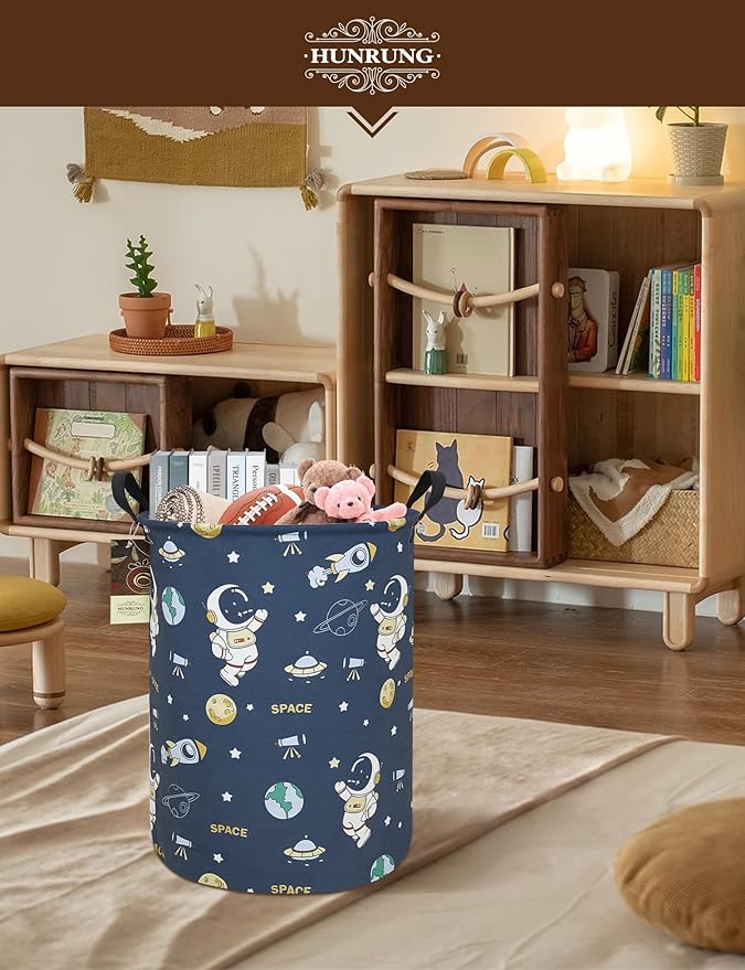 HUNRUNG Laundry Hamper,Large Canvas Fabric Lightweight Storage Basket Toy Organizer Dirty Clothes Collapsible Waterproof for College Dorms（Round-Blue Space Astronaut）