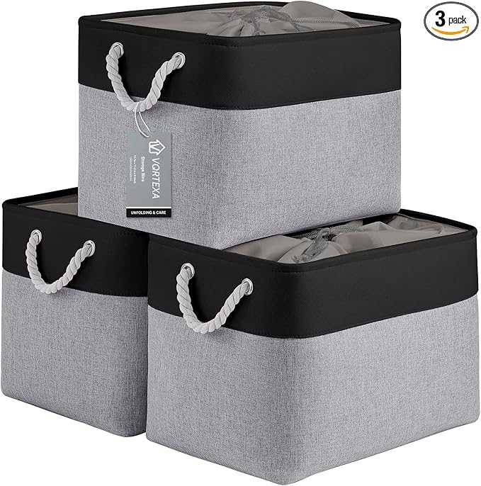 Large Storage Baskets- 16x12x12 inch Storage Bins for Shelves and Closet Organizing, Foldable Fabric Bin for Home Organization Clothes and Laundry (3-Pack, Black&Gray)