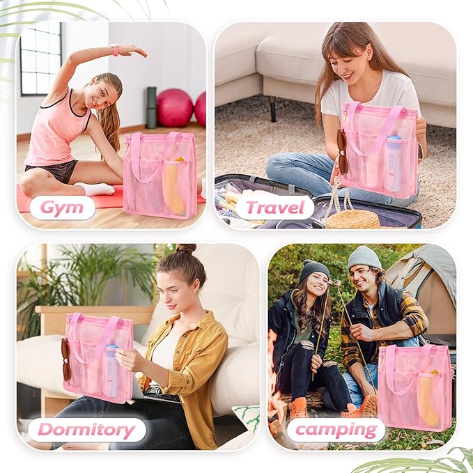 famichan Mesh Shower Caddy Portable, Gym Travel Camp Dorm Room Essentials for Women and College Girl, Pink Bathroom Shower Bag