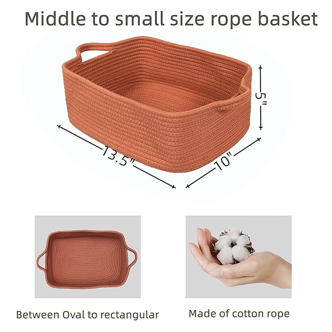 Woven Cotton Rope Storage Basket with Handles for Organizing Shelves Closet Small Cat Dog Pet Toy Baskets Box Bin Decorative Rectangle Baby Nursery Basket Gift Basket Empty (Rust)