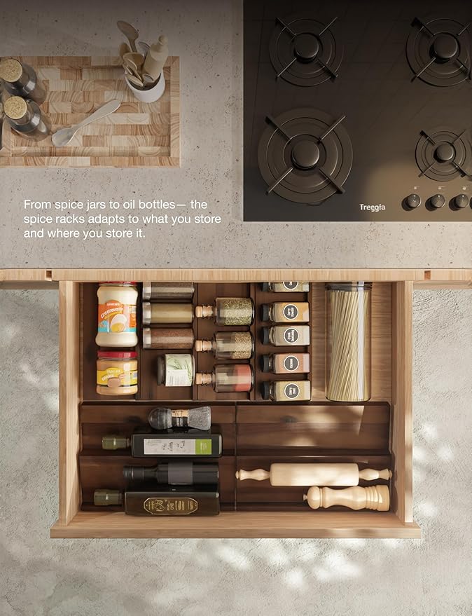 Tinamo Acacia Wooden Spice Rack Organizer for Cabinet - Spice Drawer Insert, Spice Organization for Cabinet, Seasoning Organizer, Spice Holder Pack of 8 (Walnut, Pack 8)