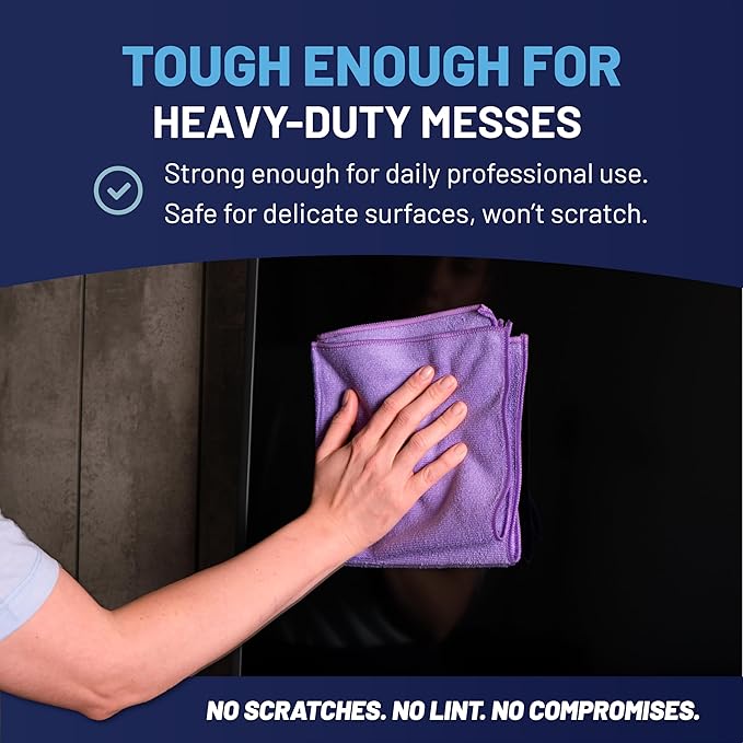 MW PRO Microfiber Cleaning Cloths Purple (12 Pack, 12x12) - Commercial Janitorial Towels & Lint Free Rags - Heavy Duty for Auto Detailing, Glass Windows, Housekeeping & Screens - Washable 300+ Times