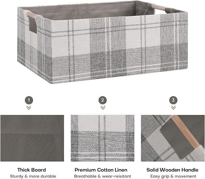 Fabric Storage Bin Box Collapsible Cotton Linen Storage Cube with Wooden Handles Rectangular Decorative Home Organizer Clothes Blanket Basket– Light Gray Plaid, Medium