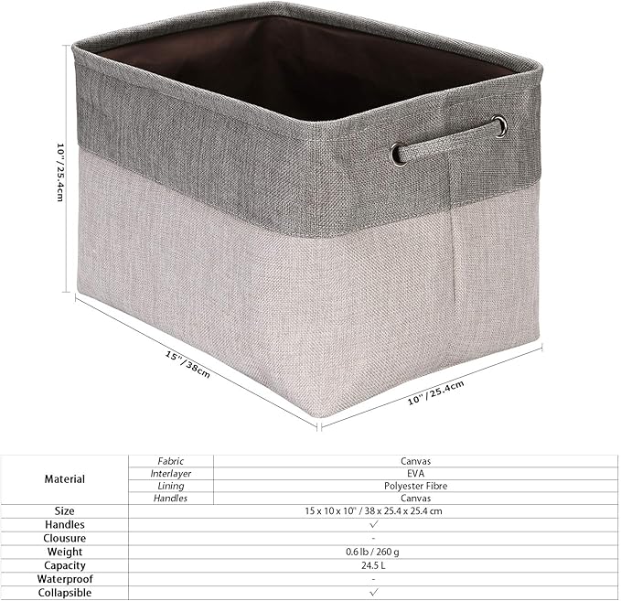 Sea Team 3-Pack Large Storage Basket Set, Trunk Organizer, Clothes Toys Bin, 15 x 10 x 10 Inches, Big Rectangular Canvas Fabric Collapsible Shelf Box with Handles for Kids Room (Ash Grey/Grey)