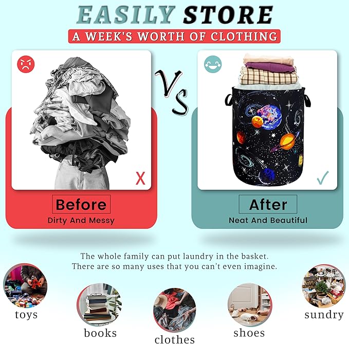 Colorful Starry Sky Planets Laundry Basket Galaxy Funny Laundry Hamper Foldable Oxford Cloth Universe Tote Bag Clothe Toy Storage Bucket 18.9"x16.5" For Bathroom/Laundry Storage/Bedroom
