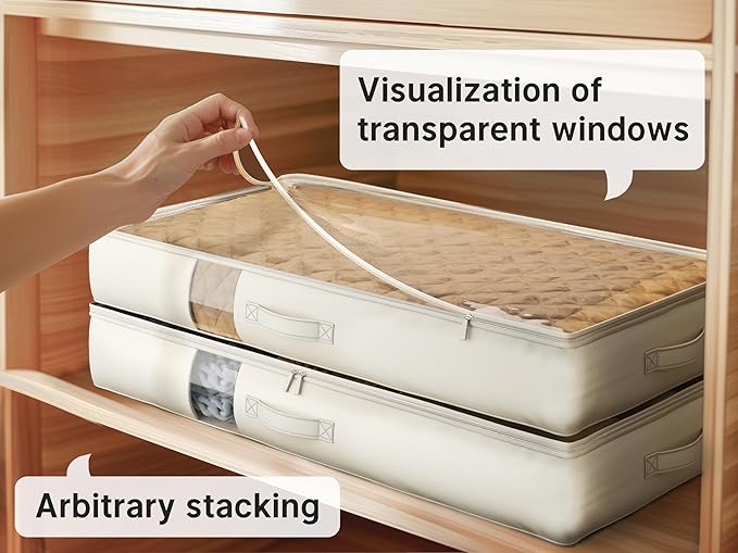 Under Bed Storage Containers with Window, Closet Organizers and Storage Bags, Foldable Underbed Storage Bags for Blankets, Clothing, Comforter, Linen Sheets, Wrapping Paper, 3 Pack, White Ivory