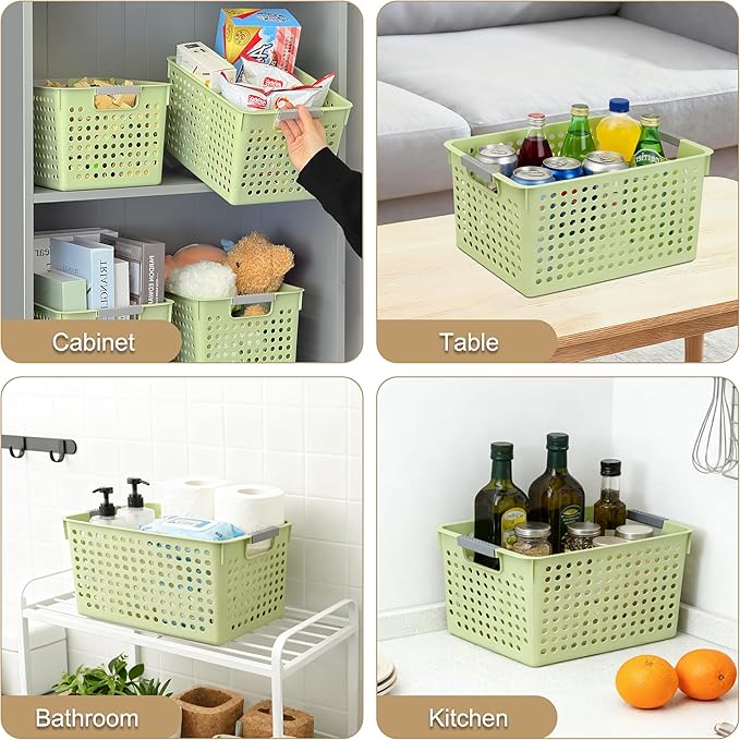 Soddeph 4 Pack Plastic Deep Storage Basket with Handles, Cubbies Organizer Bins with Hollow Design for Under Counter, Closet, Kitchen or Bathroom 12.3" × 8.7" × 6.9"(Green, Medium)