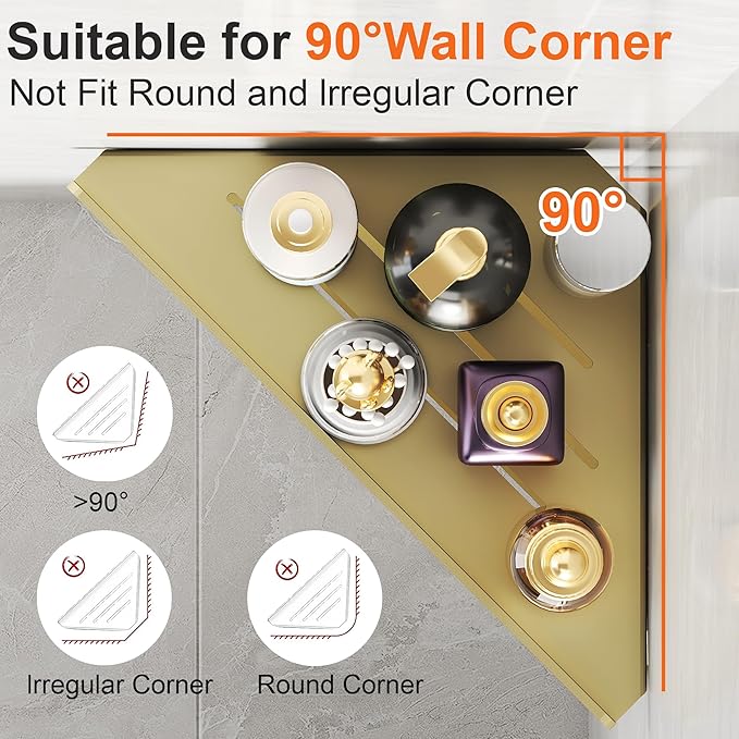 Ecowillon Corner Shower Shelves, 2-Tier Triangle Gold Shower Candy, 304 Stainless Steel Corner Shelf Will not Rust, Wall Mounted Caddy Shelves No Drilling with Adhesive,Storage Shelf for Toilet