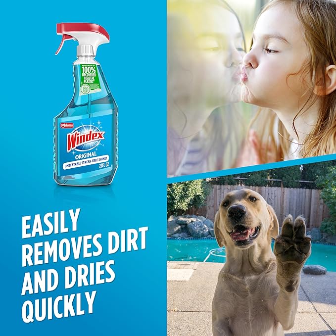 Windex Glass and Window Cleaner Spray Bottle, Packaging Designed to Prevent Leakage and Breaking, Surface Cleaning Spray, Original Blue Scent, 23 Fl Oz (Pack of 2)