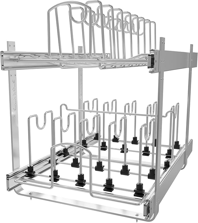2-Tier Kitchen Pull out Cabinet Organizer for Pots, Pans, and Lid Cookware, Adjustable Heavy Duty Wire Pan and Pot Rack, Full-Extension Rail 15" W *22" D