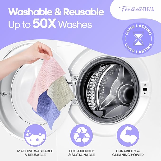 Fantasticlean Microfiber Cleaning Cloth Roll -60 Pack, Tear Away Paperless Towels, 8" x 8", Reusable Washable Rags, for House Kitchen, Pet, Office, Indoor Outdoor, Compact and Portable (Light-Purple)
