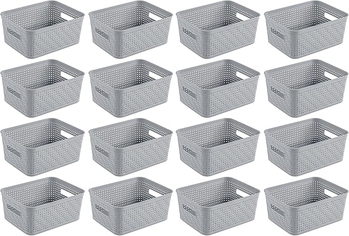 Sterilite 16 Pack Plastic Storage Bin Organization Containers, Short Baskets, Cement