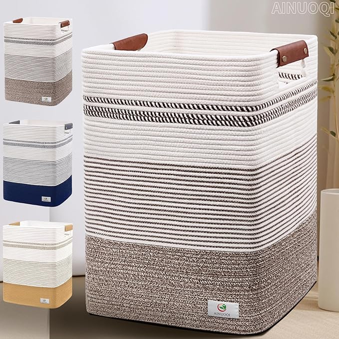 Laundry Hamper - Tall Woven Rope Laundry Basket - Clothes hamper with Leather Handles, 17.8" X 13.8" X 22", Blanket Storage Basket for Living Room, Rice Brown & White