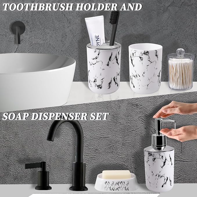 White Marble Bathroom Accessories Set, White Bathroom Set with Trash Can, Vanity Tray, Soap Dispenser, Soap Dish, Toothbrush Holder, Toothbrush Cup, Toilet Brush and Qtip Holders for Bathroom