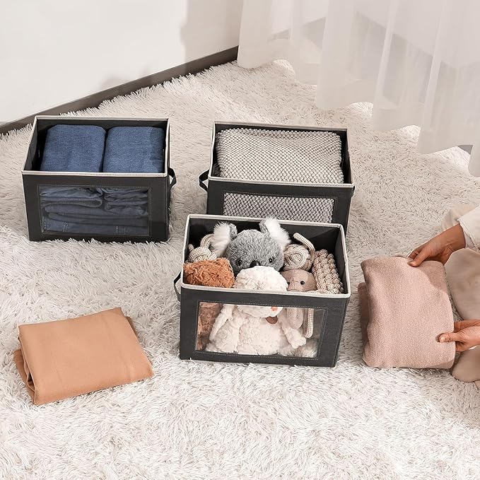 Stackable Storage Bins with Lids - Medium Storage Box with Lids, Foldable Closet Boxes for Organizing, Wardrobe Clothes Organizer with Window, Cubes Bins for Living Room, 4 Pack, Dark Grey