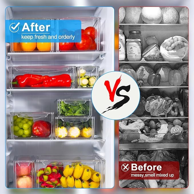 10-Pack Clear Fridge Organizer Bins with Lids, Stackable Refrigerator Storage Containers, BPA-Free with Drain Tray & Anti-Slip Base for Fruits, Veggies, Drinks