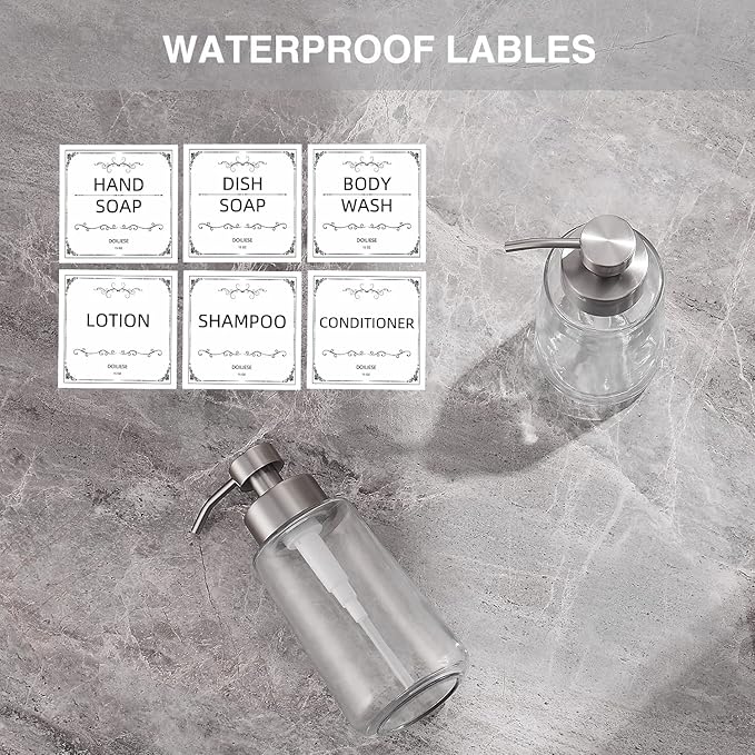 Doiliese Soap Dispenser, Glass Hand Soap Dispenser with Rust Proof Pump, 16oz Liquid Soap Container with Waterproof Labels, Dish & Hand Soap Pump for Bathroom, Kitchen, Brushed Nickel, Pack of 2