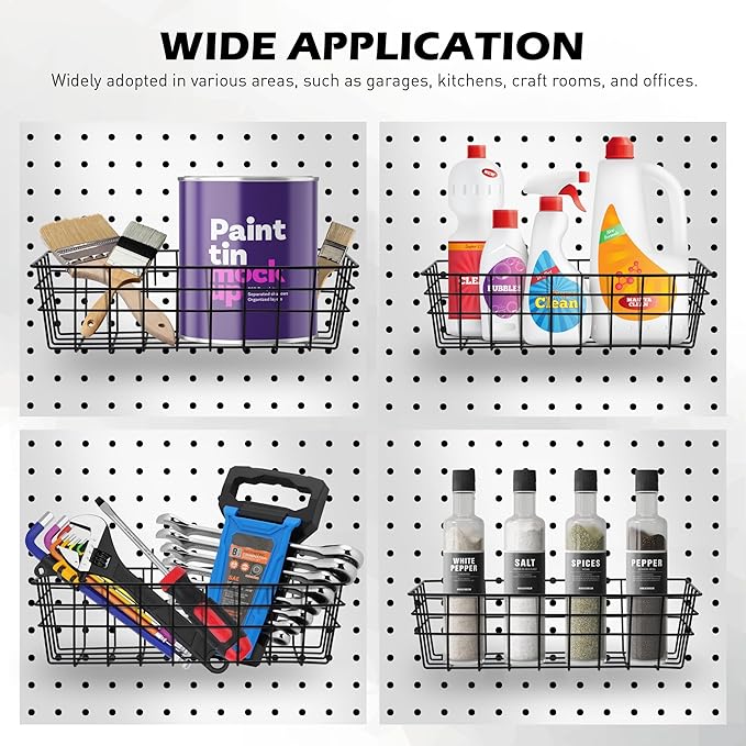 5-Piece Pegboard Baskets Set - Heavy Duty Peg Board Organizer Accessories Bin Set, Premium Black Metal Wire Baskets Tool Shelves, Wall Mount Storage for Garage Workshop Craft Room
