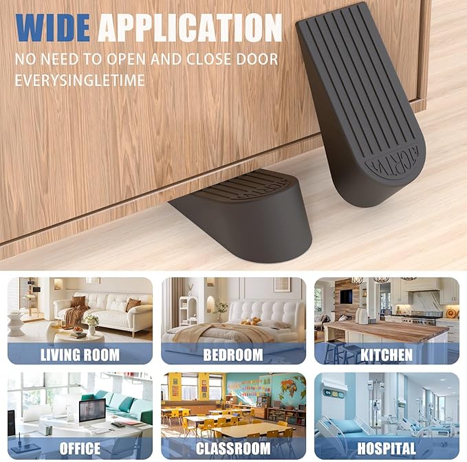 Rubber Extra Large Door Stoppers - 2 Pack Black 1.9 Inches Big Door Stopper Wedge for Bottom of Doorstops,Door Stop for Heavy Duty Doors for Commercial & Home with Self Adhesive Holder