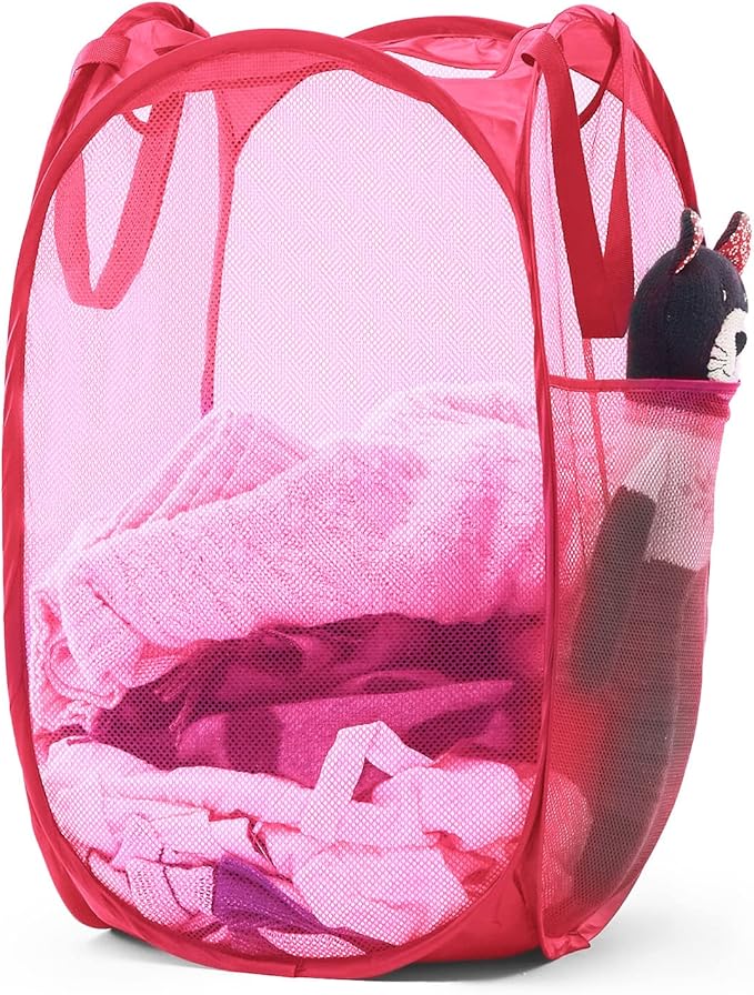 TECHMILLY Collapsible Mesh Pop Up Laundry Hamper with Sturdy Handles and Side Pocket - Portable Foldable Clothes Baskets for Dorm, Bathroom & Travel Storage (Pink)