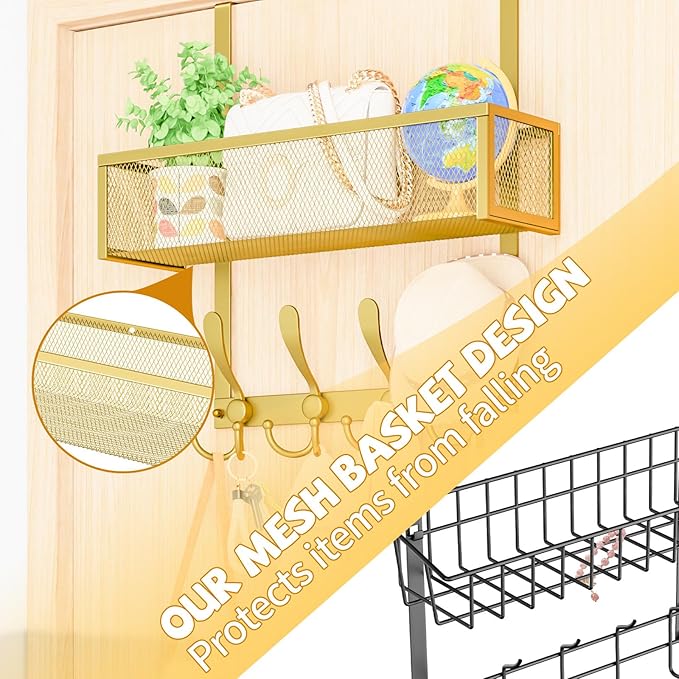 Kaiferty Over The Door Hooks Organizer,Over Door Hanger Towel Rack Mesh Basket with 12 Hooks,Back of Door Storage Organizer for Bedroom,Bathroom,Kitchen,Office(Gold)