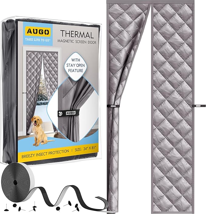 AUGO Thermal Door Curtain - Magnetic Insulated Cover for Winter - Keeps Warm Air In & Cold Air Out - Home Winterizing Product