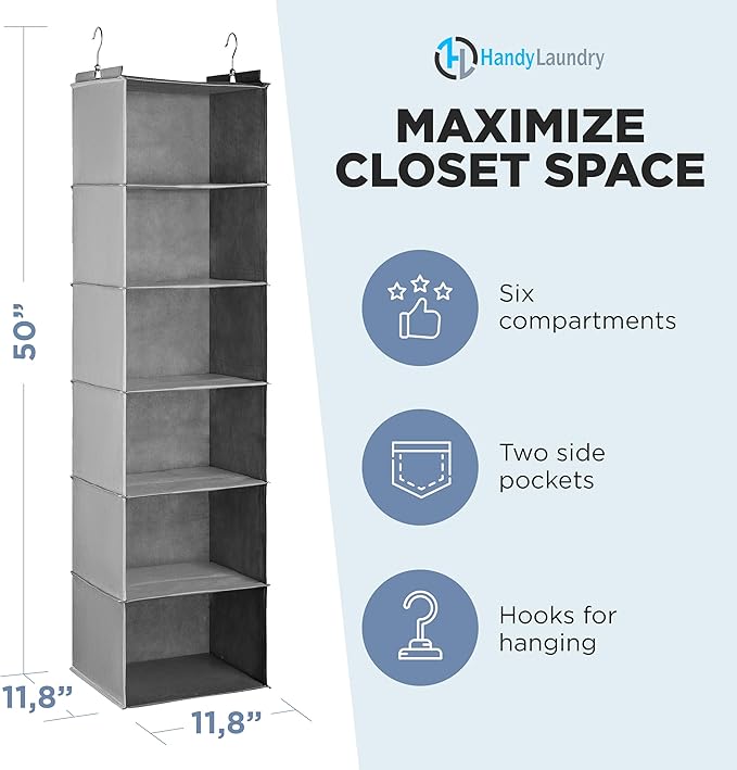 Handy Laundry Hanging Closet Organizer - 6 Shelf Storage for Clothes, Sweaters, Shoes & Accessories - Space-Saving Wardrobe Shelves with Hooks for Dorm, RV & Small Closet Organization (Grey)