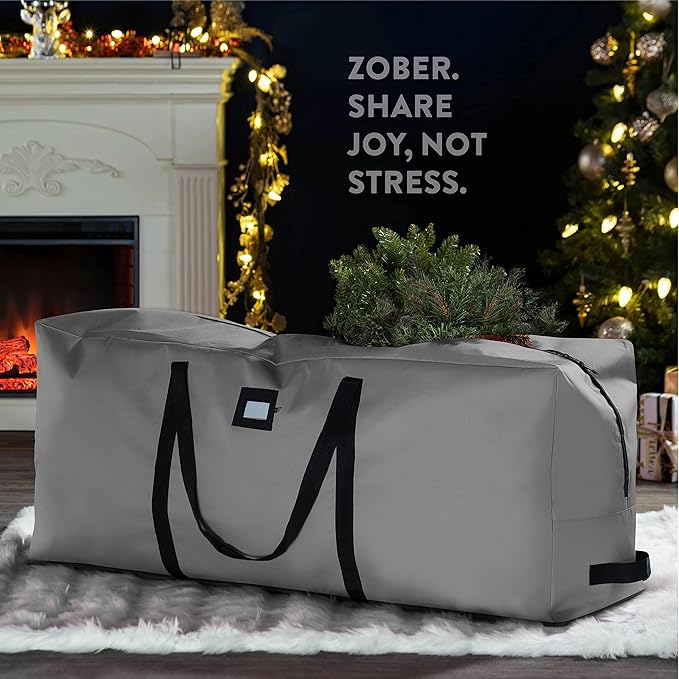 ZOBER 600D Oxford Fabric Large Christmas Tree Storage Bag - Fits 9 Ft Artificial Trees - Tear Proof Waterproof Christmas Tree Bag For Storage Box For Xmas - Strong, Durable Handles - Card Slot - Gray