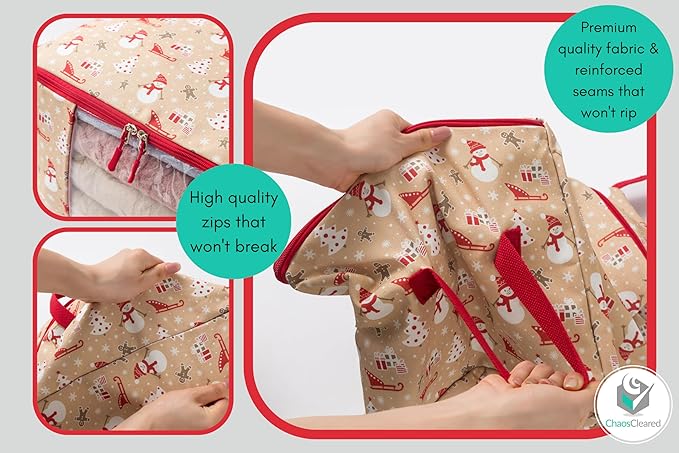 Chaos Cleared Canvas Storage Bags Designer Organizer 2 Pack – Seasonal Storage for Sweaters, Blankets, Linens & Garments – Foldable Design with Zip & Window, Moth-Proof Space Saver, Snowman Print
