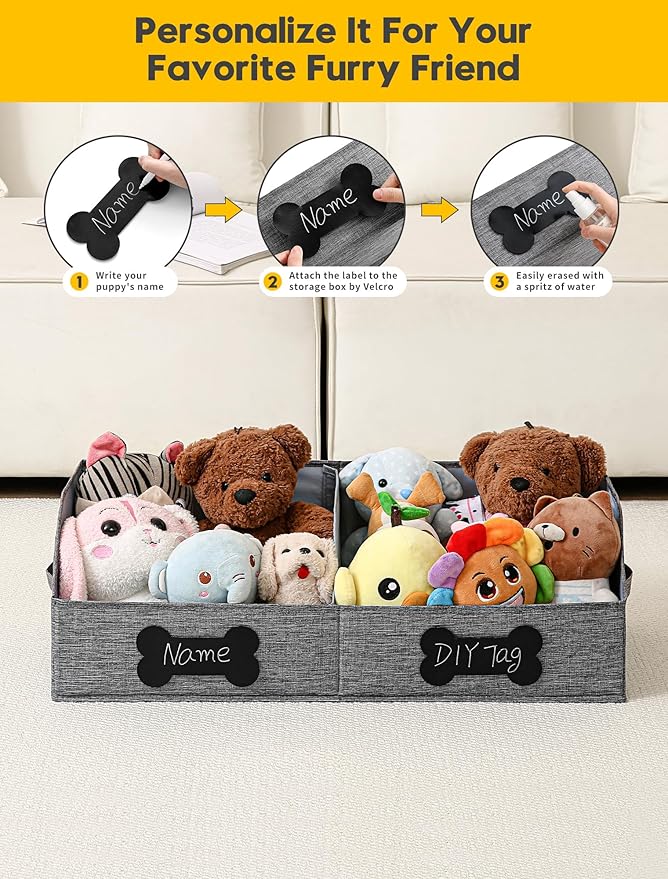 Qozary Large Dog Toy Basket with Diy Tag - Collapsible Dog Toy Bin, Fabric Personalized Storage Box, Trapezoid Storage and Organizer for Pet Supplies (Gray, Medium 27.6"x11.8")