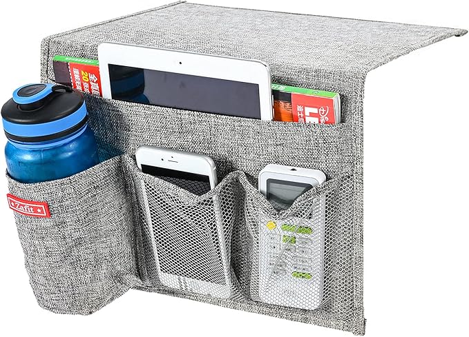 Zafit Linen 4 Pockets Bedside Caddy, Bedside Storage Organizer with Water Bottle Holde for Magazine, Remotes, Phone (Grey)