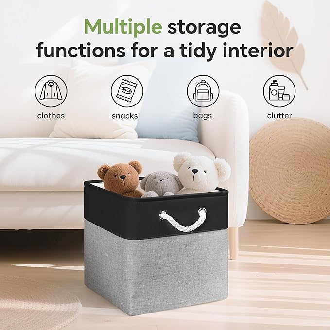 13x13 Inch Cube Storage Bins with Reinforced Bottom Cardboard, 6 Pack Large Foldable Fabric Storage Cubes with Handles for Shelf, Closet, Laundry Organization (Black&Gray)