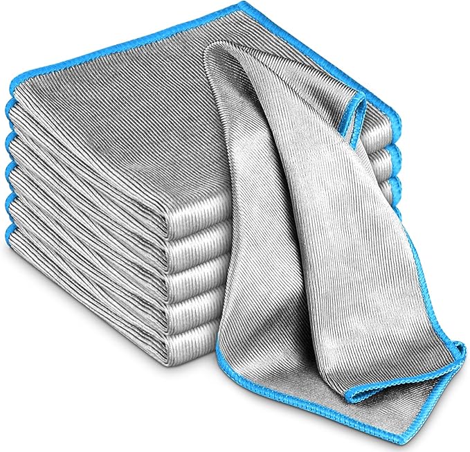 Airlab Glass Polishing Cloth Streak Free Miracle Microfiber Cleaning Cloth Lint Free Cleaning Rags for Glasses Kitchen Dish Mirrors Easy Clean, Pack of 6, 12" x 12", Sliver-Blue