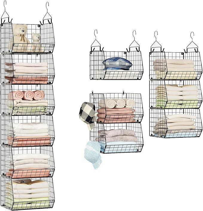 6 Tier Closet Hanging Organizer, Clothes Hanging Shelves with 4 Hanging Hooks 5 S Hooks, Wire Storage Basket Bins, for Clothing Sweaters Shoes Handbags Clutches Accessories Patent Design-Black