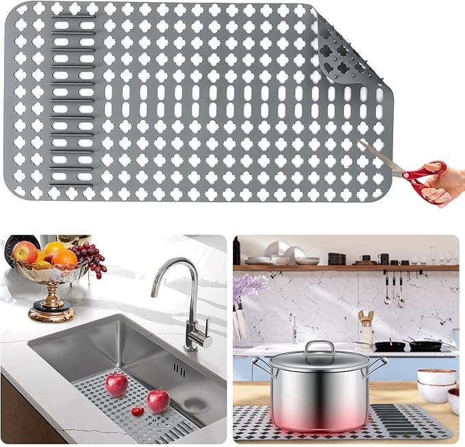 Kitchen Mat, Protectors for Sink 25"x13" Non-Slip Folding Grates for Bottom of Farmhouse Stainless Steel Porcelain Sink, DIY Silicone Can Be Cut to Any Size Grey-1 PCS